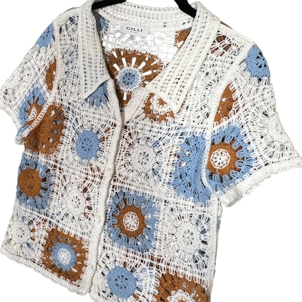 Gilli Granny Square Crochet Sweater S/M Open Knit Cottagecore‎ Boho Festival